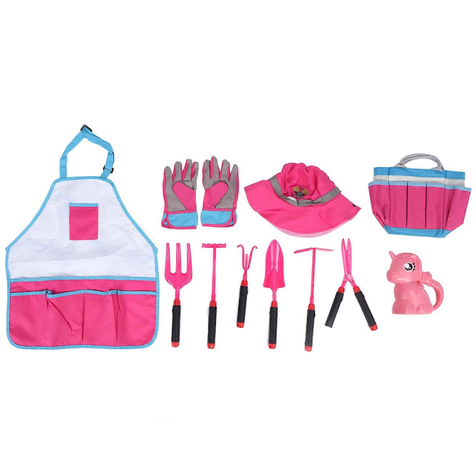 Kids Gardening Set Pretend Play Toy Apron Sun Hat Gloves Toddler Gardening Tool Kit for Children Pink