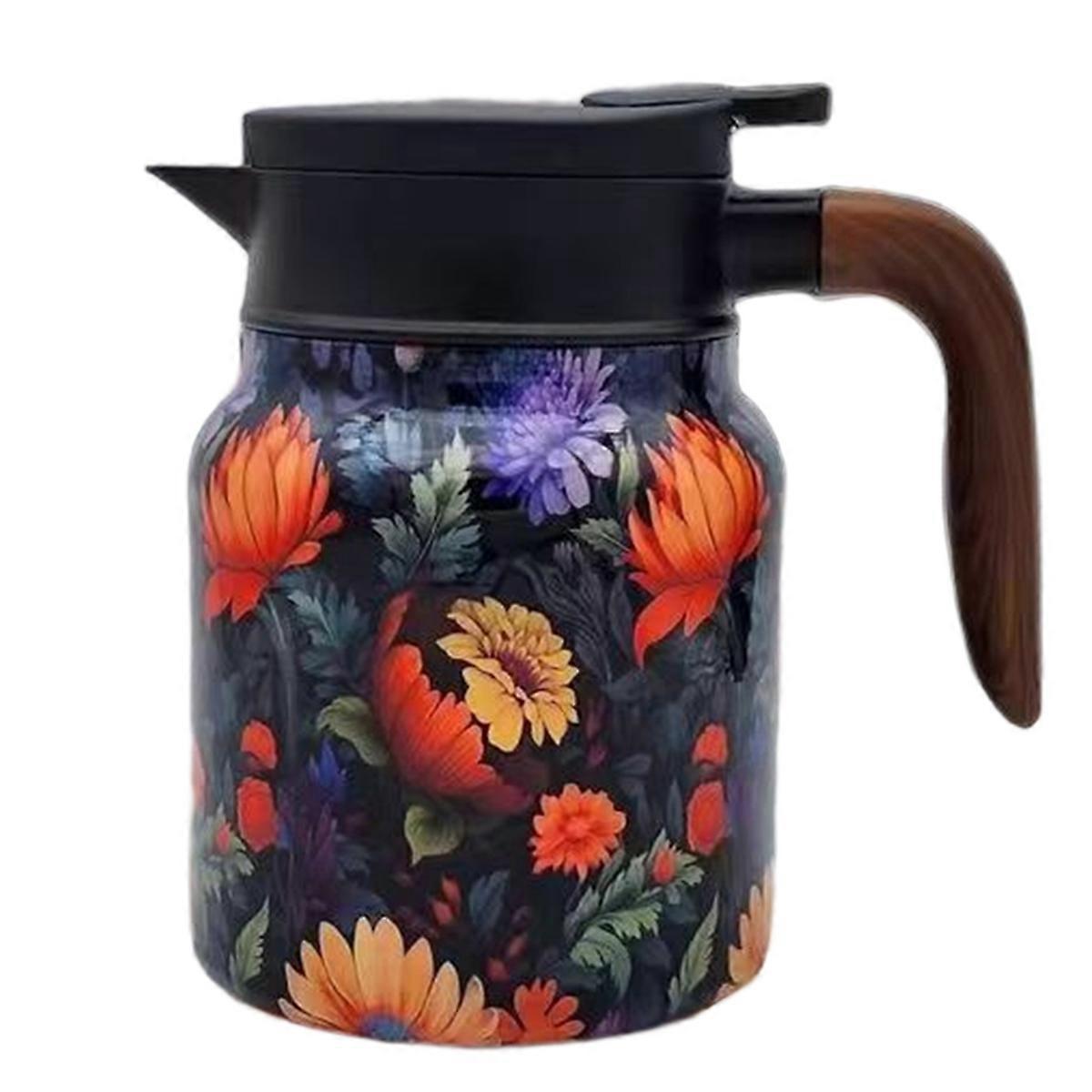 Vintage Floral Pattern Tea Built-in Infuser Stainless Steel Thermal Carafe with Lid for Hot Drinks