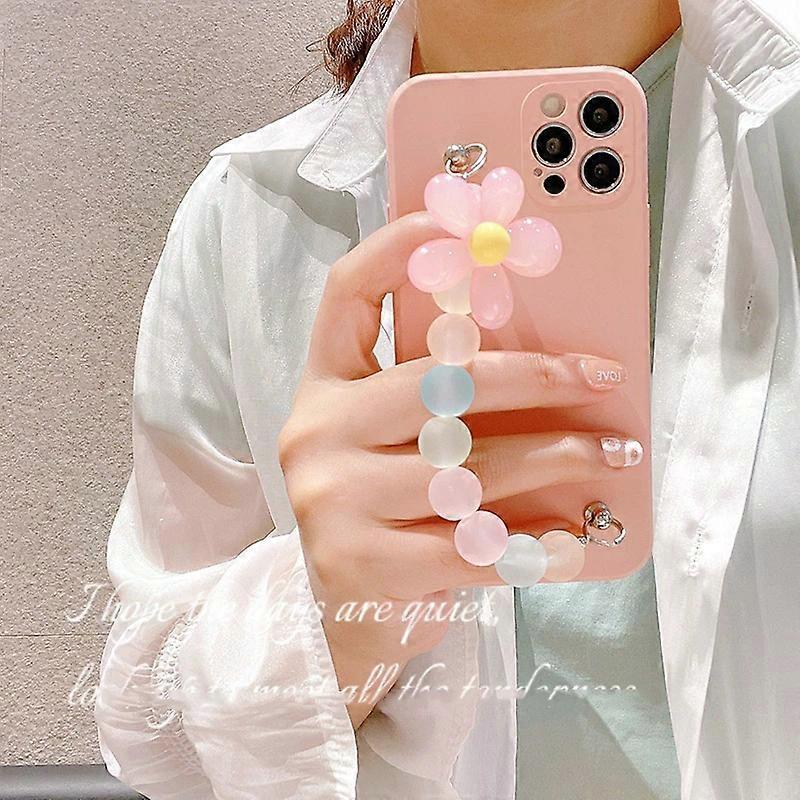 Liquid Silicone Case for iphone 14 11 12 Pro Max MiNi 13 XR X XS 7 8 plus SE Colorful Round Bead Flower Phone Chain Soft Cover