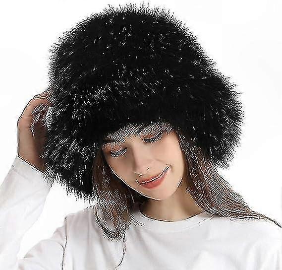 Fuzzy Faux Fur Bucket Hat Winter Warm Plush Furry Hats