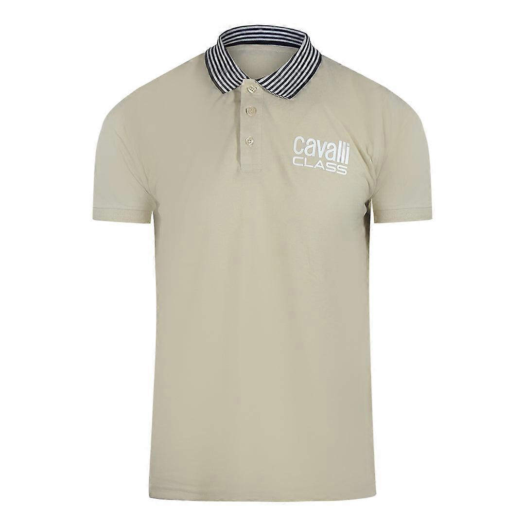 Cavalli Class Striped Collar Beige Polo Shirt