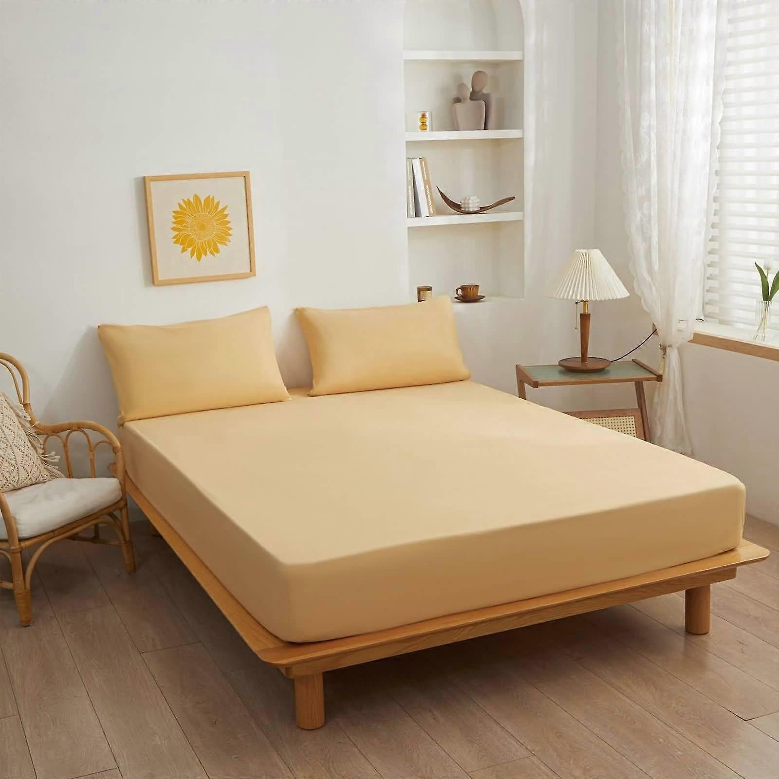 Single Fitted Bottom Sheet Solid Color Polyester Cotton Fitted Sheet, Fits Mattress Up To 15 Cm, 90x190+15 Cm, Yellow
