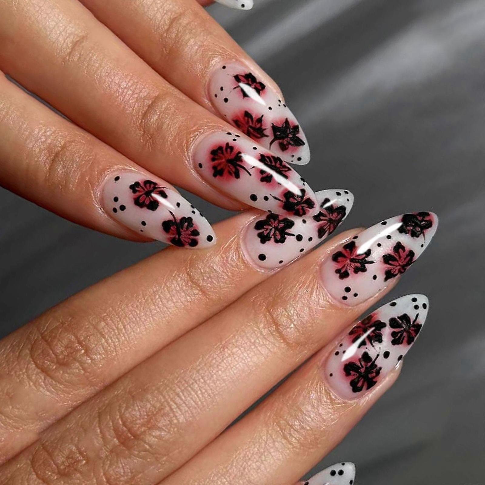 Reusable Plastic Faux Nails With Black Red Floral Pattern For Daily Wear And Special Occasions Multicolor