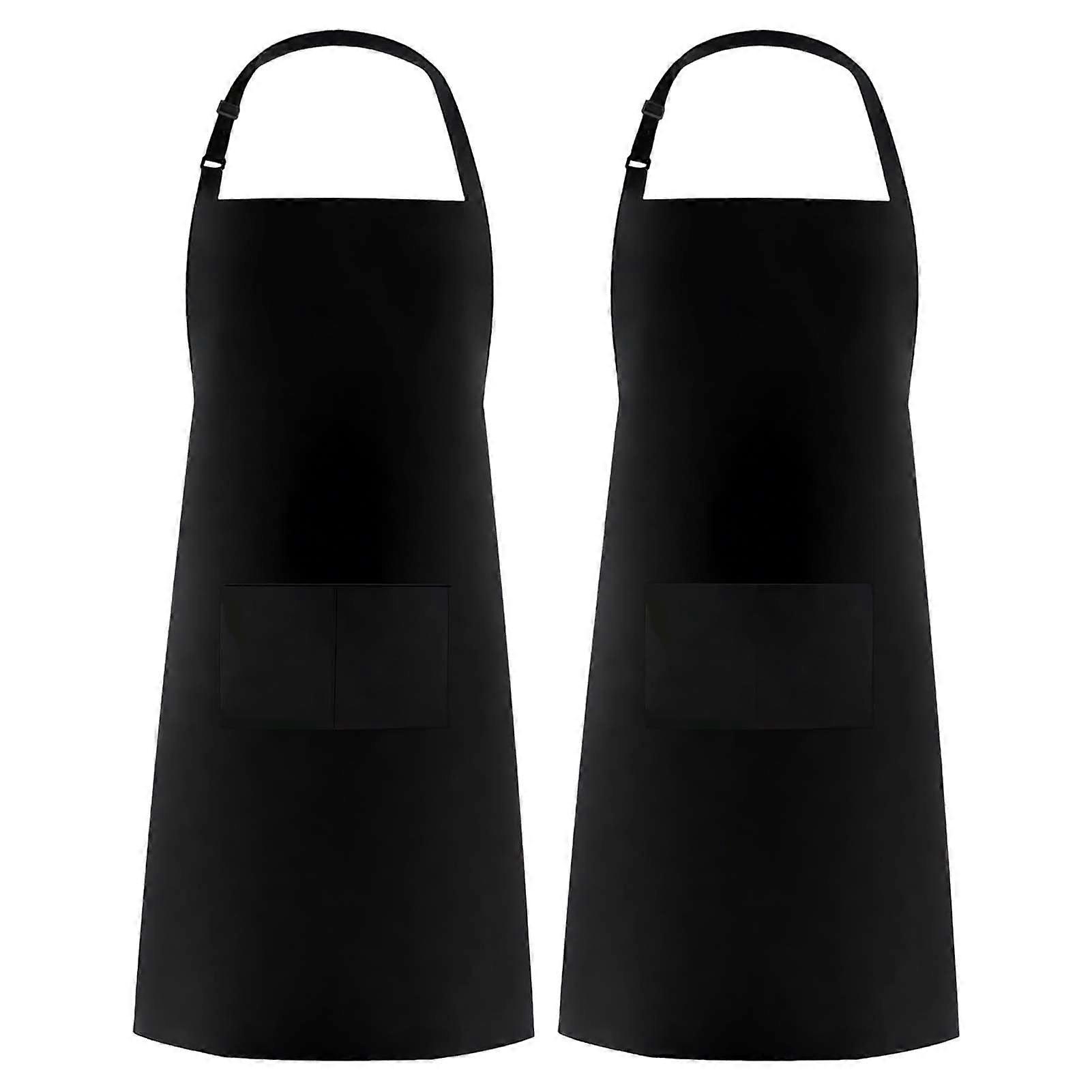 Black Polyester Kitchen Apron with Adjustable Straps, Dual Pockets, Oil Resistant, 2 Pack