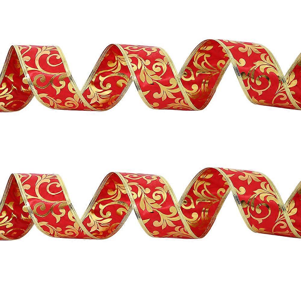 2pack Fine linen bronzing bow ribbon Christmas decoration DIY can string lights double-layer gold edge ribbon (red bronzing leaves)