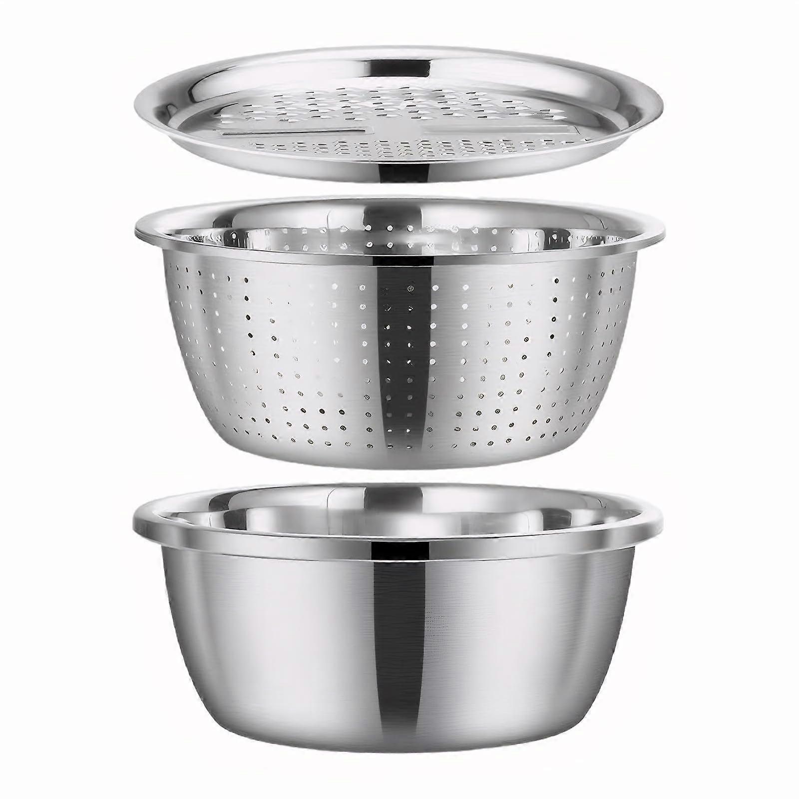 3in1 Stainless Steel Strainer and Grater Set with Basin, Quick Drainage and Easy Clean