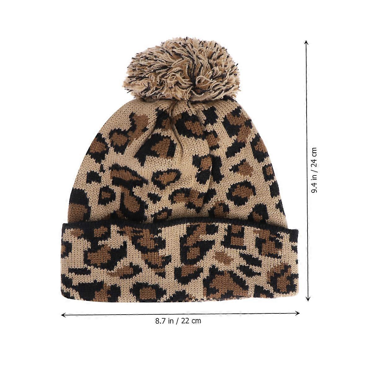 Beanie Hat Warm Knitted Hat for Winter 3Pcs Leopard Print Khaki