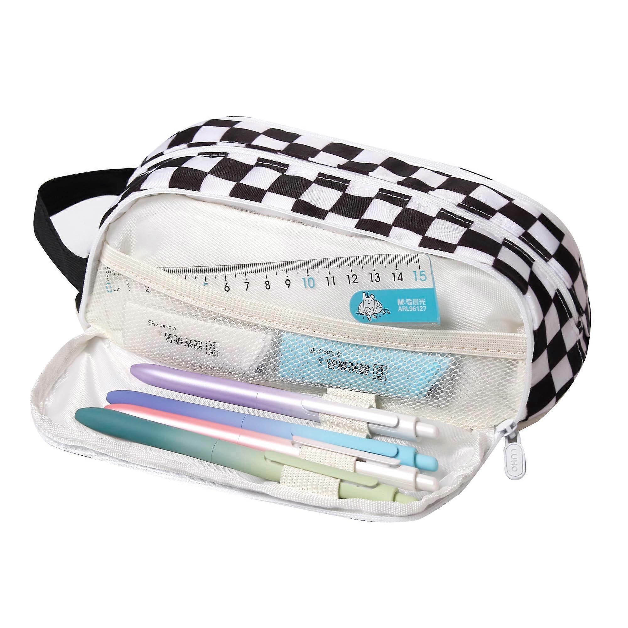 Large Capacity Pencil Case with ThreeCompartment Organizer and Clear Window for School (Grid Black)
