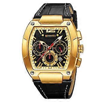 Vintage chronograafhorloge voor heren, tonvormige kast, leren band, 3 subwijzerplaten, 6 wijzers, waterbestendig quartz uurwerk – Cadeau voor papa