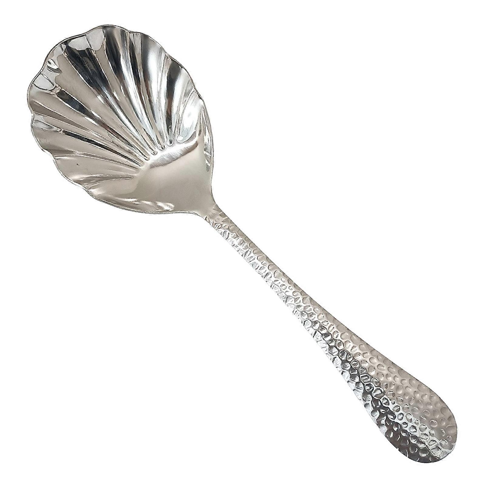 Hammer-Grain Handle Serving Spoon - Shell Shape Mirror Polish - for Soup & Salad