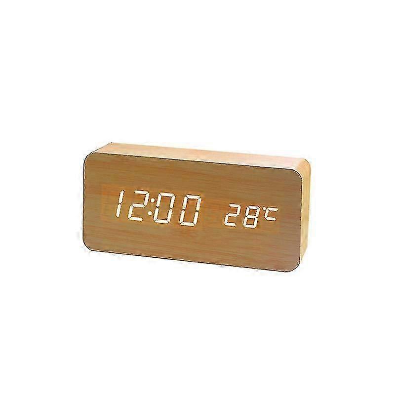 Multifunction Wooden LED Digital Alarm Clock, Smart Voice Control Desktop Timer with Date Temperature Display