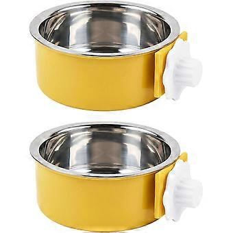 (Gul, storlek S) 2-pack 2 i 1 avtagbara hängande husdjursskålar i rostfritt stål för lådor och valp med bulthållare