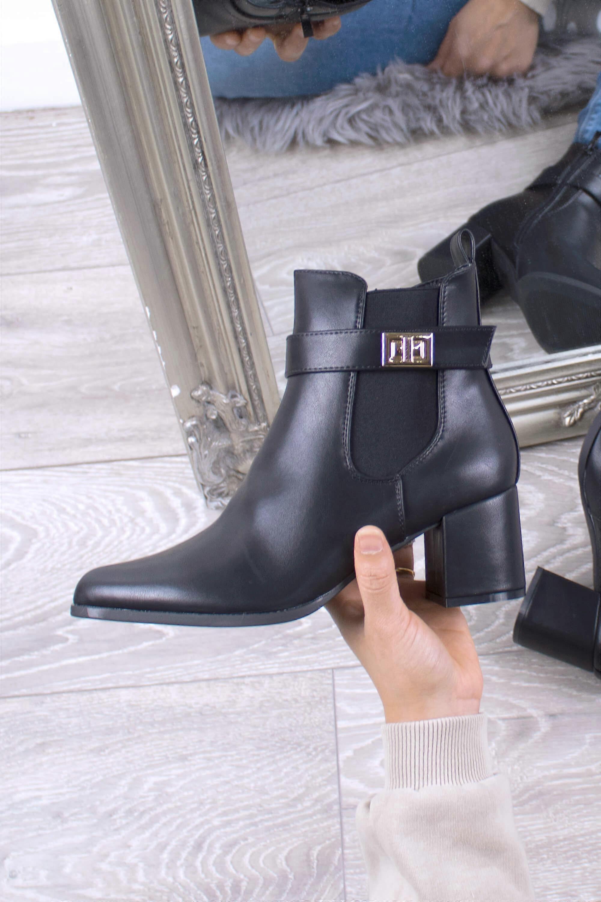 Mid Block Heel Smart Pointed Toe Ankle Boots