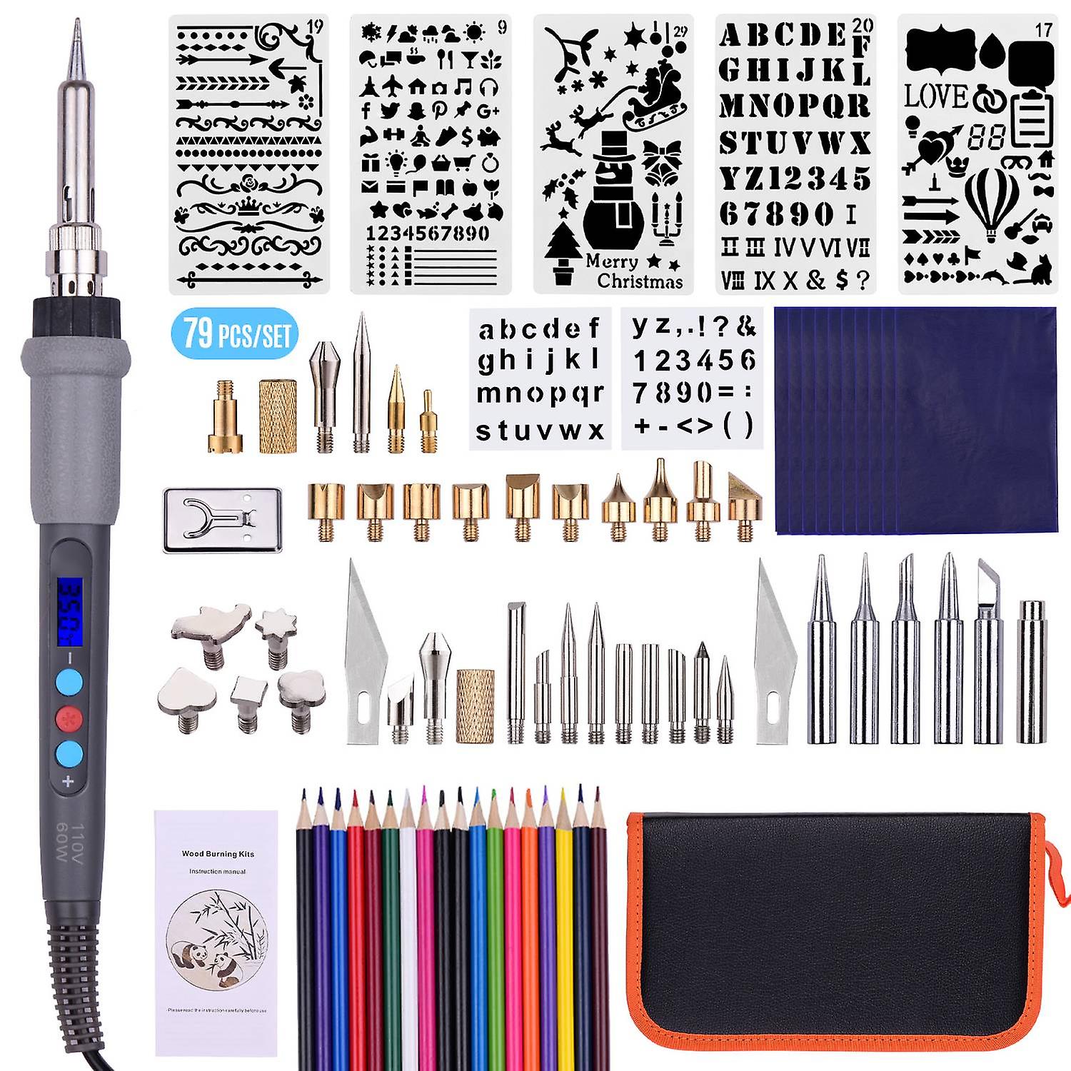 79PCS Wood Burning Tool Kit Professional Pyrography Pen Soldering Iron Set Adjustable Temperature fr