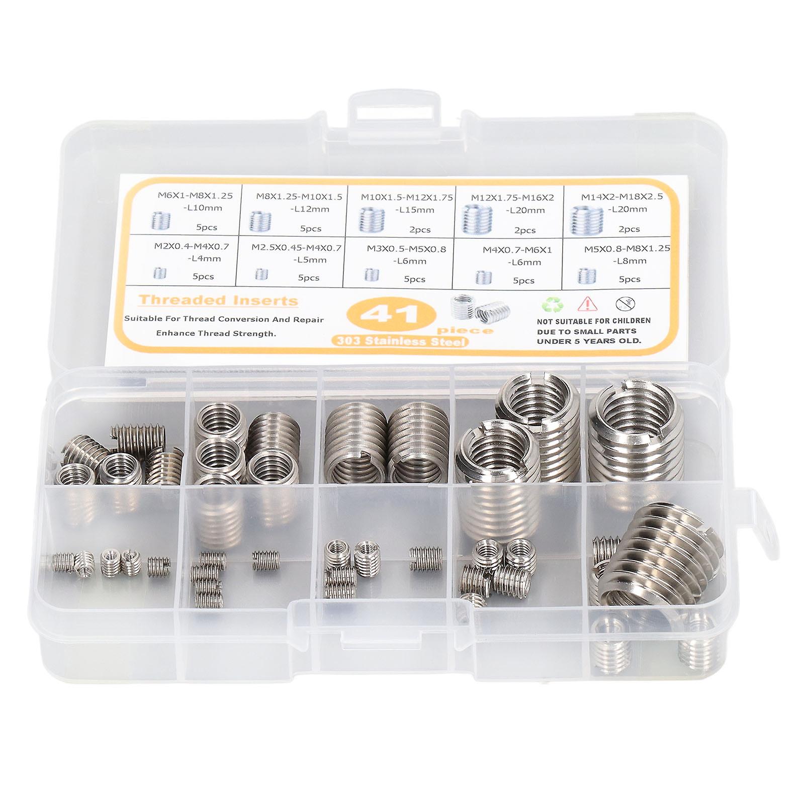 41 Pcs Kit d’assortiment d’insert de réparation de filetage en acier inoxydable M2 à M14 Insert de réparation de fil avec boîte de rangement