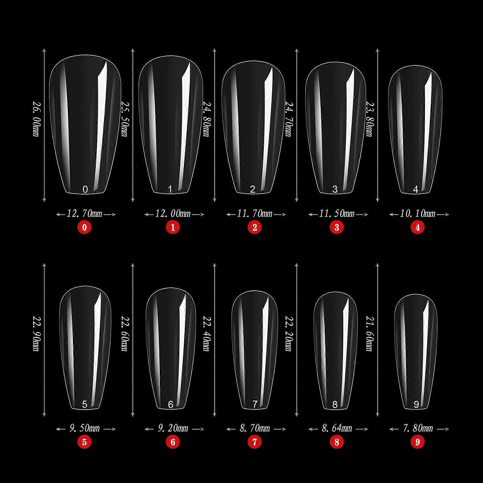 500 Pack, 10 Different Sizes, Acrylic Nails, Clear Box