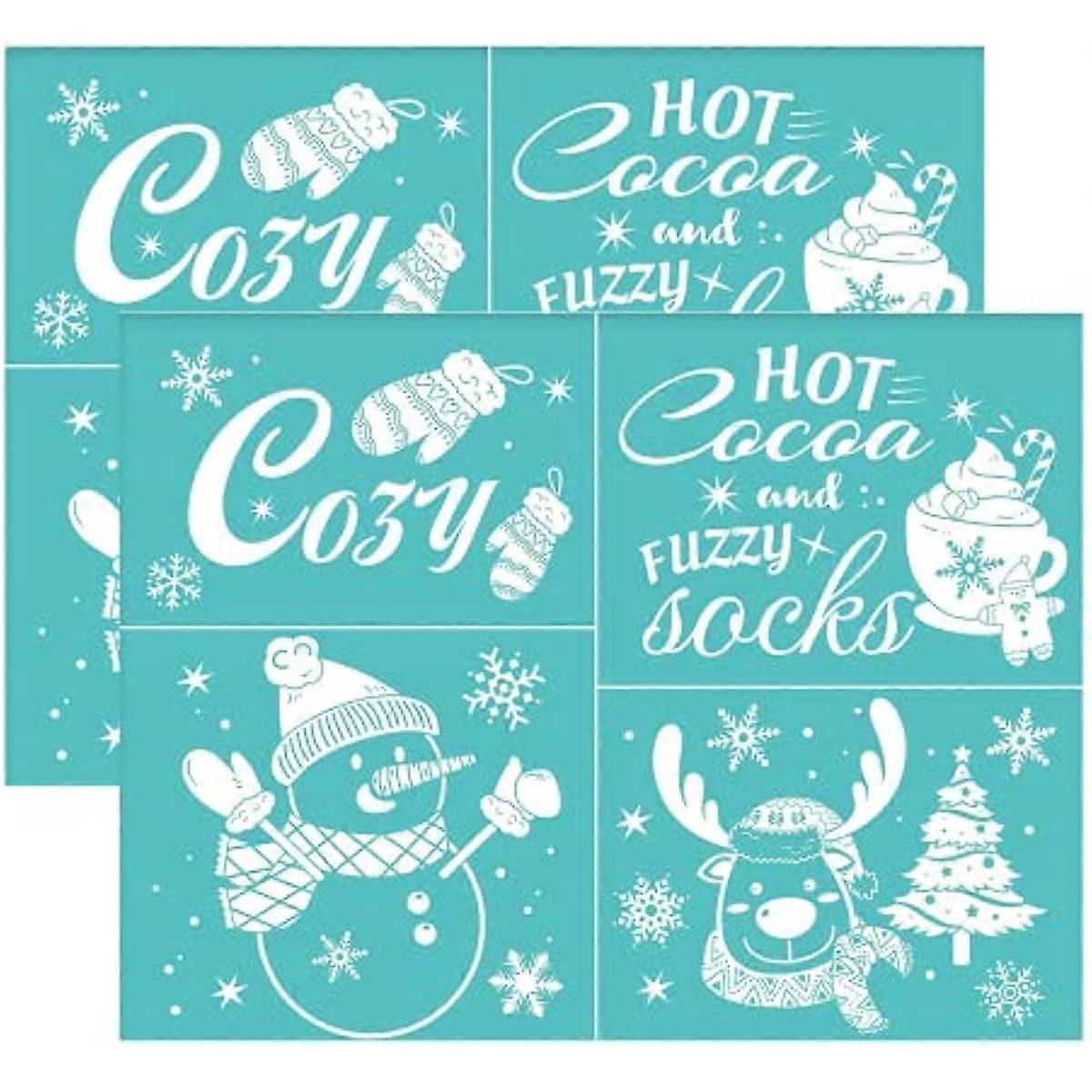 2Pcs Christmas Self-Adhesive Silk Screen Stencil HOT Cocoa Printing Stencil Reusable Snowman Snowflake Mesh Transfer Cosy Stencil for Painting on Wood