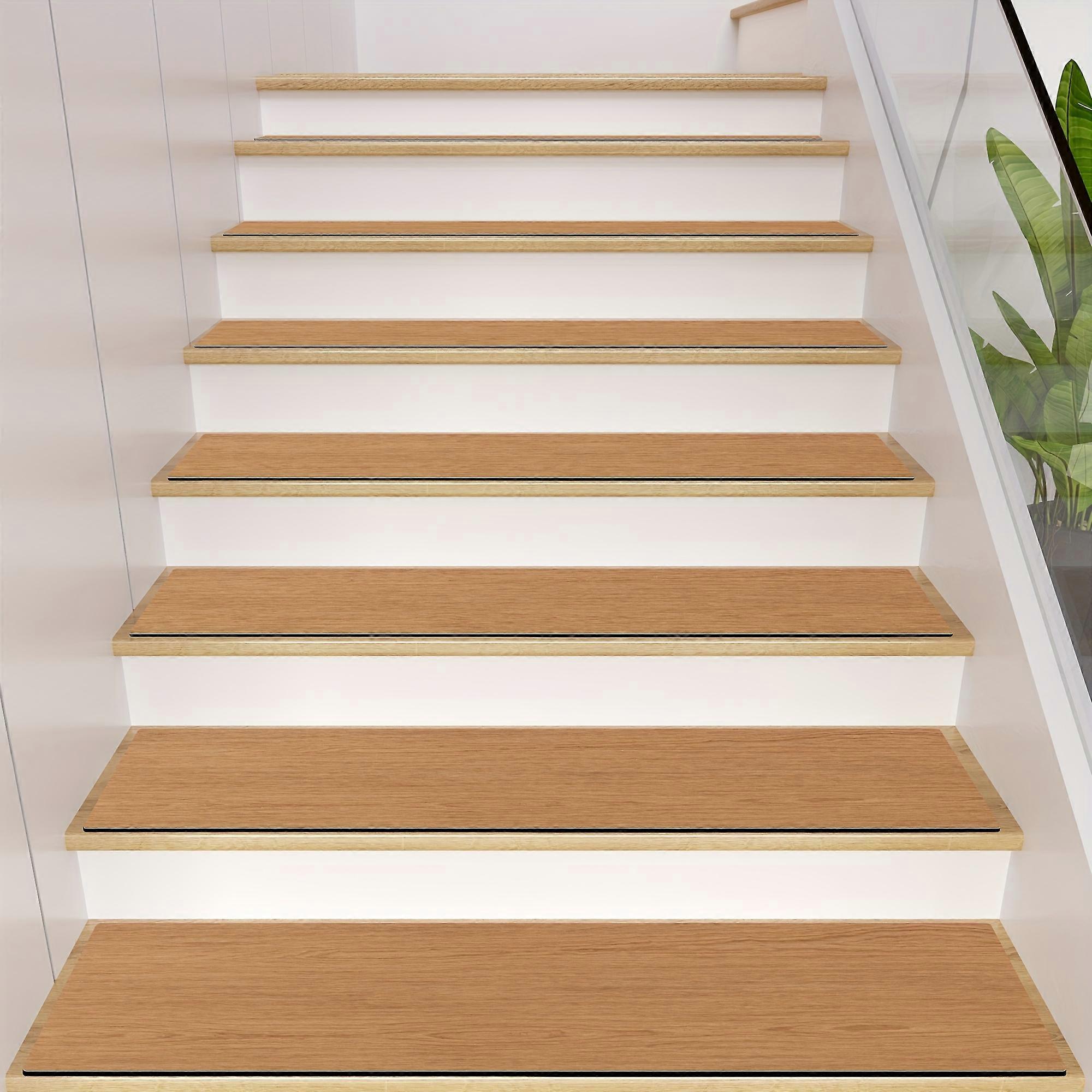 15pcs Premium Non-Slip Striped Suede Stair Treads - Anti-Skid Rubber Backing, Machine Washable, Low Pile, Flat Woven Carpet Protector for Wooden and C