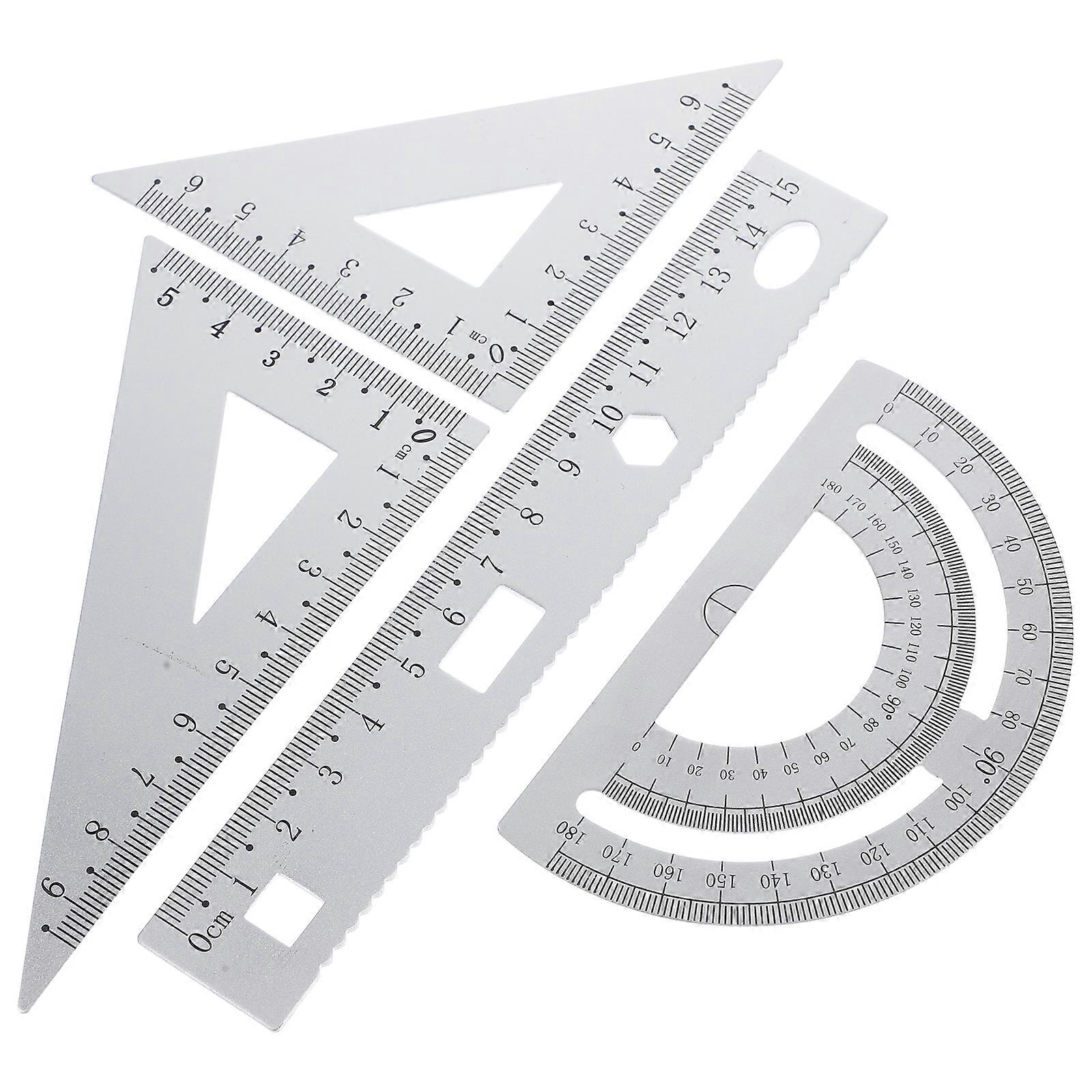 1 Set of 4PCS DIY Metal Ruler Sturdy Office Metal Ruler Ruler Stationery Set Triangular Plate Protractor Testing Ruler for Pupils Students Silver