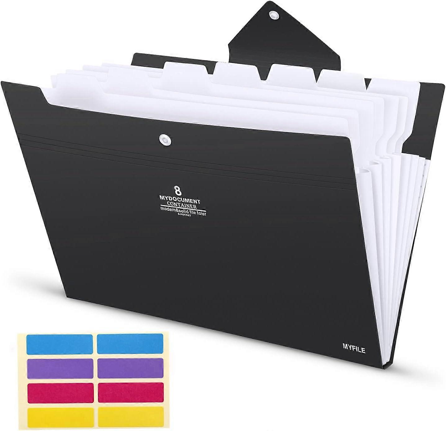 Expanding File Folder A4 with 8 Pockets File Organiser High Capacity Document Holder with Snap Button and Colored Labels Index,Black Cover