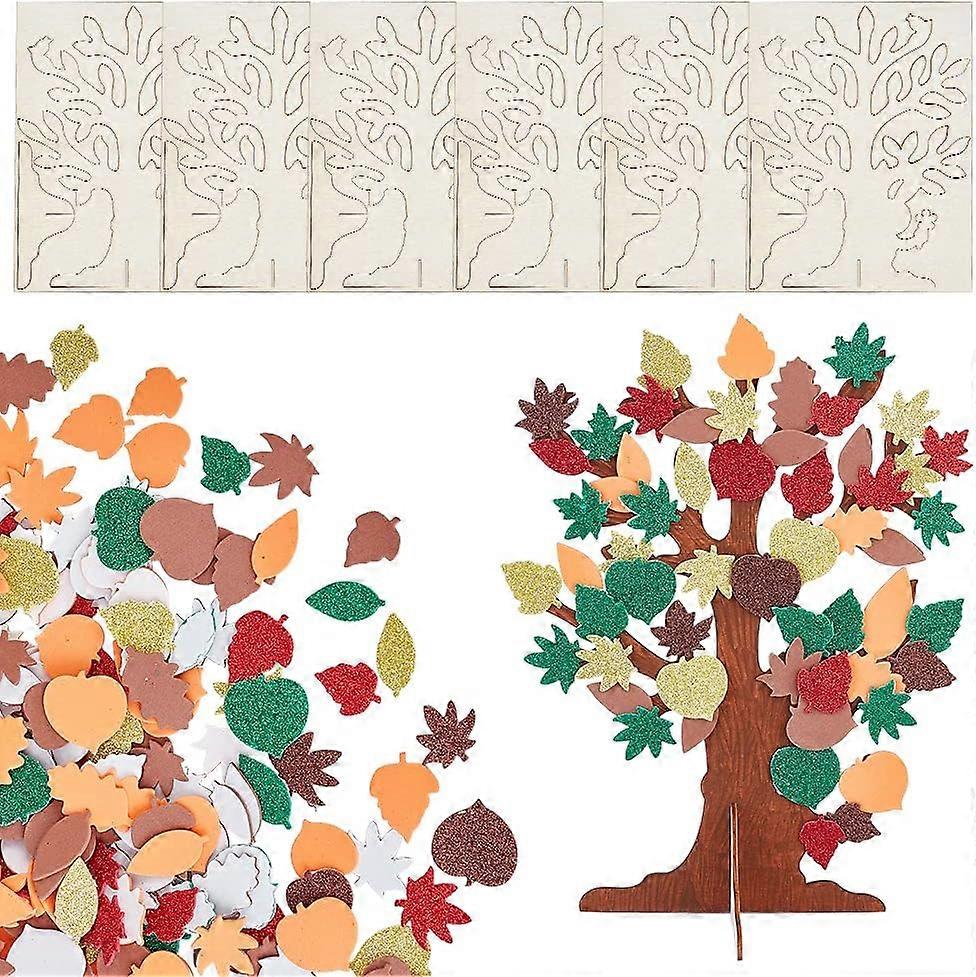 6 Set Foam Stickers 3D Craft Tree Kit Thanksgiving Theme Unfinished Wood Tree Fall Tree with 1000Pcs Maple Oak Leaf Stickers for Art Project Family Ac