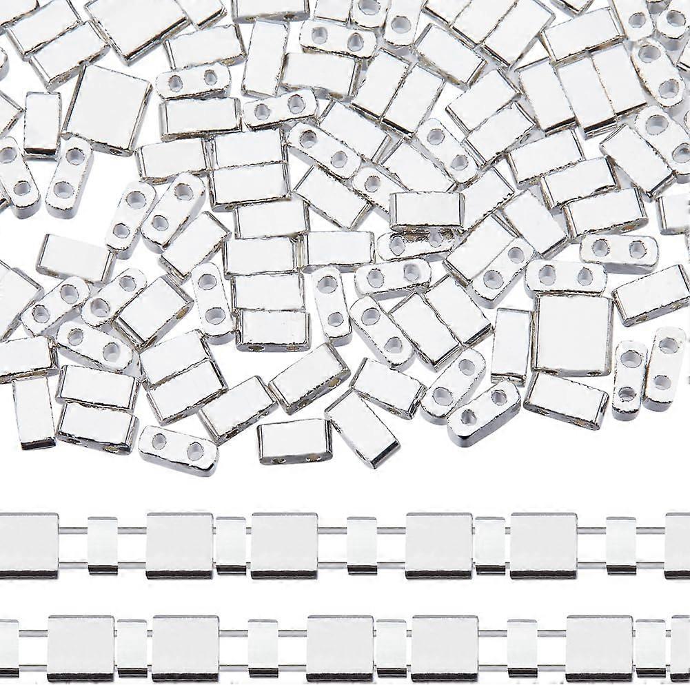200Pcs 2 Hole Tila Beads 2 Sizes Half Glass Seed Beads Bulk Rectangle Silver Metallic Color Mini Opaque Square Flat Loose Spacer Beads for Craft Brace