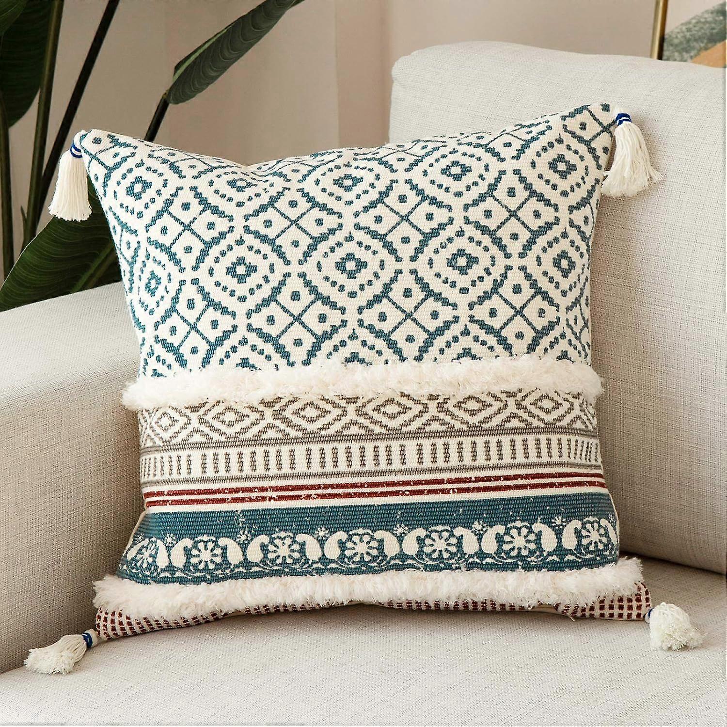 blue page Boho Tufted Decorative Throw Pillow Covers for Couch Sofa Bed - Modern Moroccan Style Pillow Cases with Tassels, Accent Decor Pillow for Bed