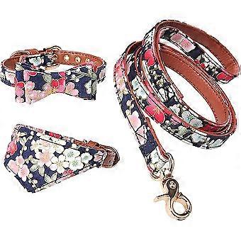 Set Of 3 Dog Collars With Bow Tie And Adjustable Leather Pet Leash - Floral
