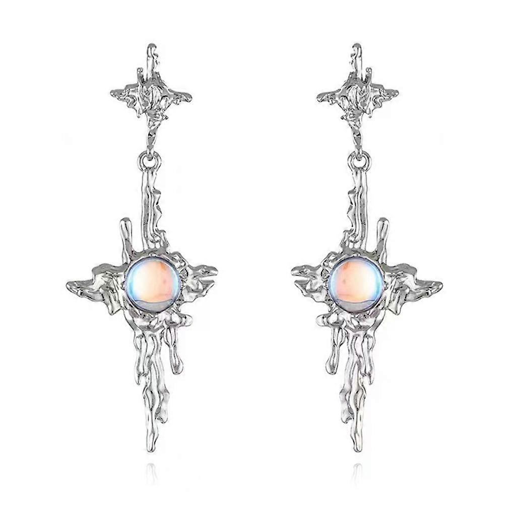 Irregular Liquid Moonstone Dangle Earrings Cross Moonstone Drop Earrings