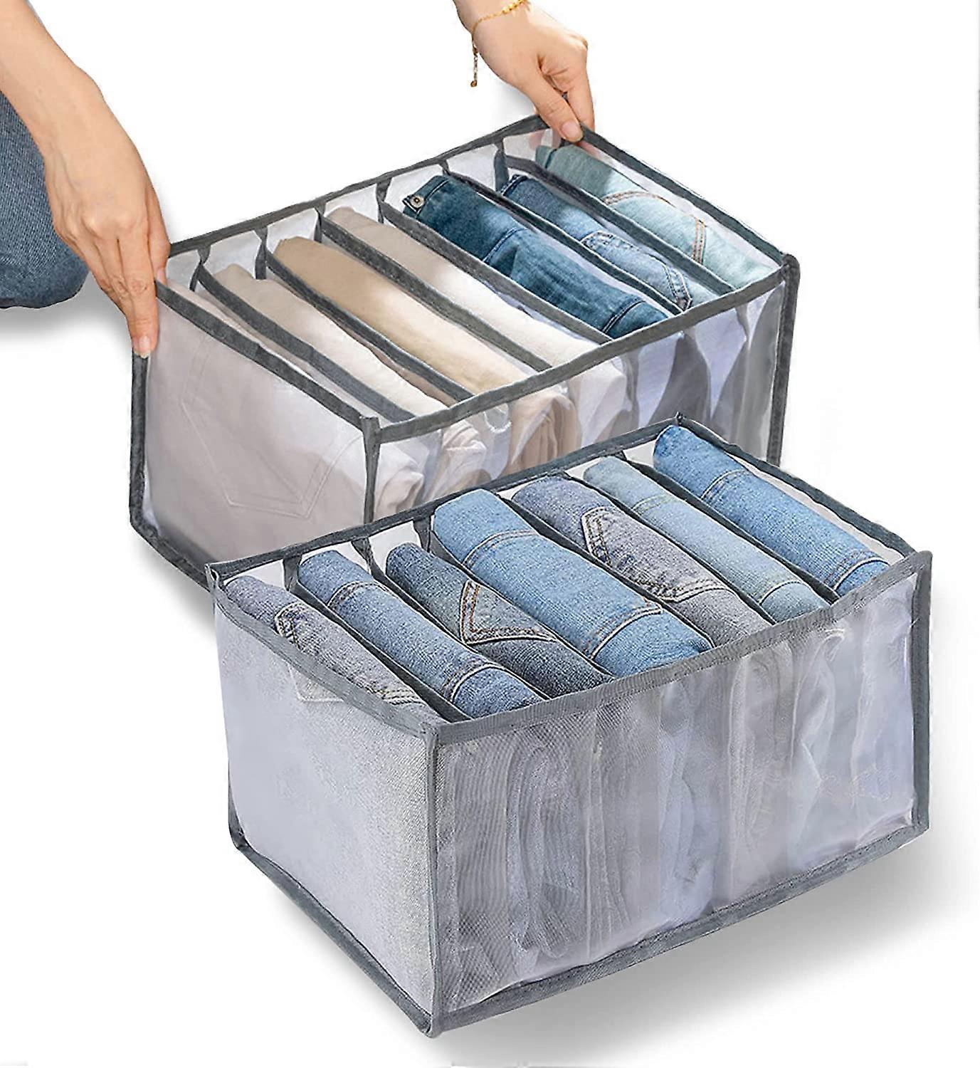 2PCS Wardrobe Clothes Organizer, 7 Grids Jeans Compartment Storage Box, Washable Foldable Mesh Separation Box