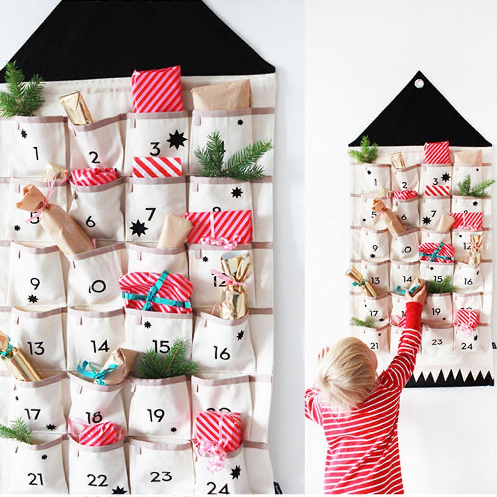 24 Pockets Fabric Christmas Calendar To Hanging Xmas Ornaments Party Advent Drawstring Storage Bags Banner Pendant Navidad