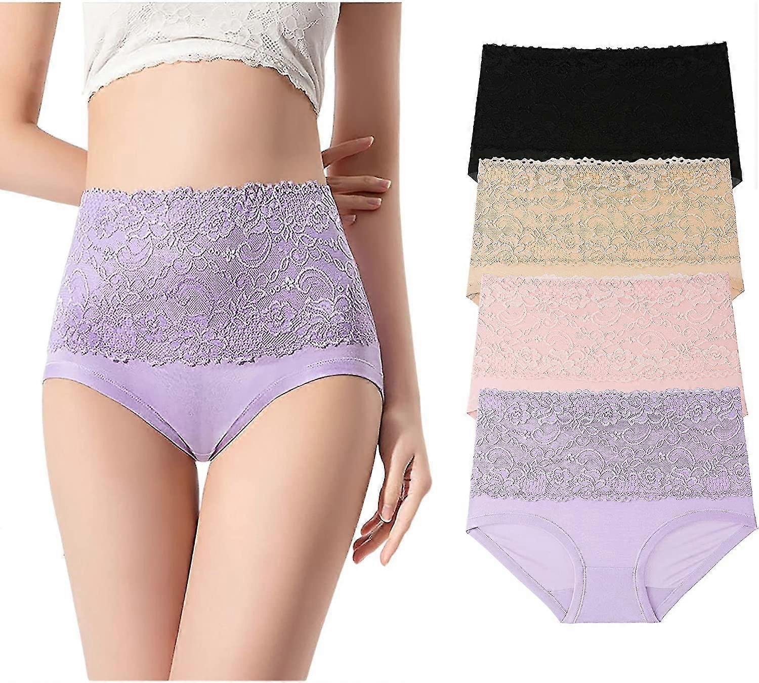 Women High Waisted Polyester Underwear Lace Soft Breathable Full Coverage Stretch Briefs Ladies Plus Size Panties 4-pack