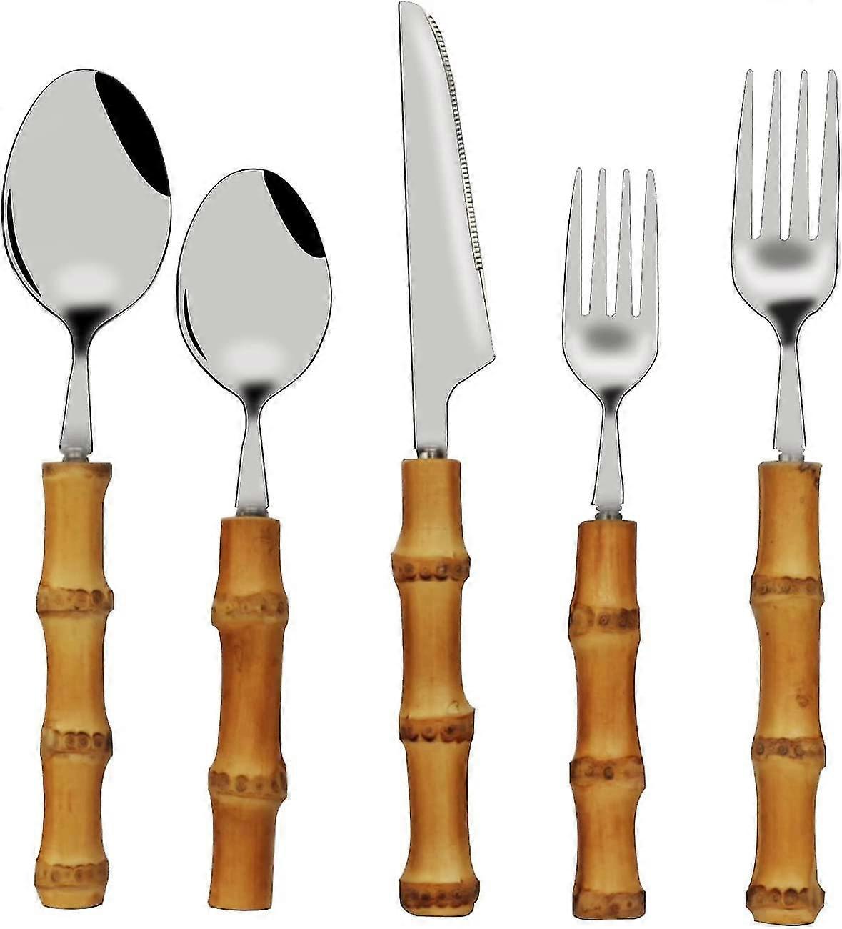 Bamboo Silverware Set,natural Bamboo Flatware,bamboo Handle Cutlery And Utensil Set,18/8 304 Stainless Steel 1 Set 5 Pcs