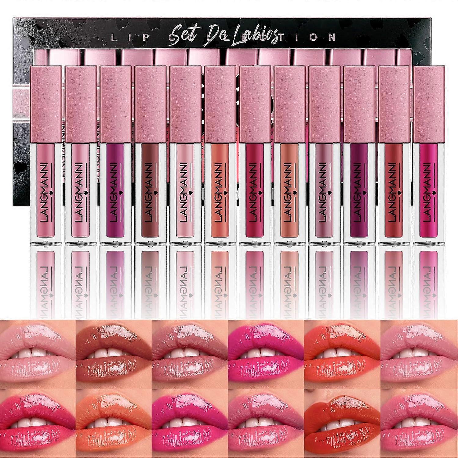 12Pcs Lip Gloss Collection Makeup Set, Shiny Smooth Soft Liquid Lip Glosses Lip Stain, Moisturizing & Highly Pigmented Colored Lip Gloss