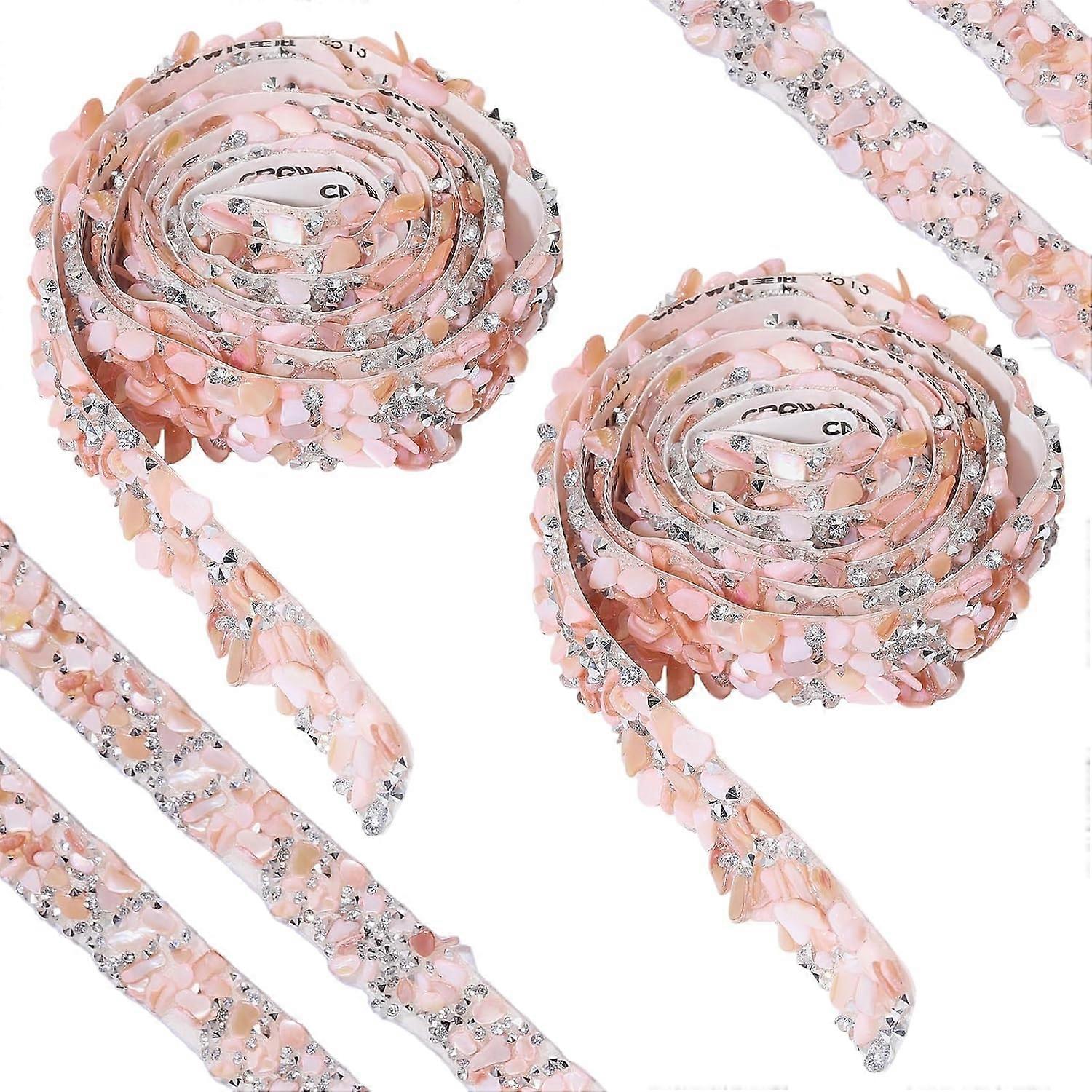 2Yards/1.83M Self-Adhesive Crystal Pink Glass Rhinestone Trim Hotfix Ribbon with Cardboard Display Card Artificial Gemstone Beaded Applique Chain Embe