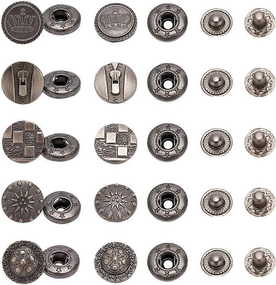 50 Sets 5 Styles Brass Snap Button No-Sew Removable Metal Jeans Closure Replacement Repair Buttons Vintage Press Snap Button Fasteners for Women and M