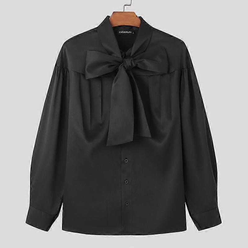 INCERUN Men Lapel Collar Bow Knot Long Sleeve Button Down Shirts