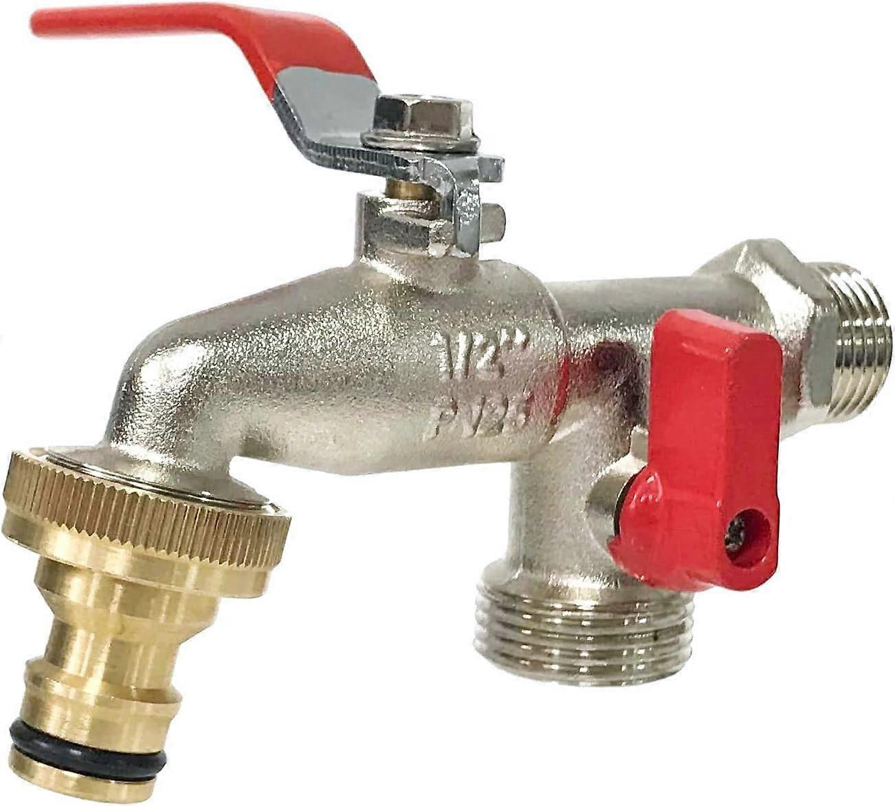 G6354 Double Outlet Garden Faucet 1/2" – 3/4".Perfect for Patios and Decks with Irrigation Timer, Silver