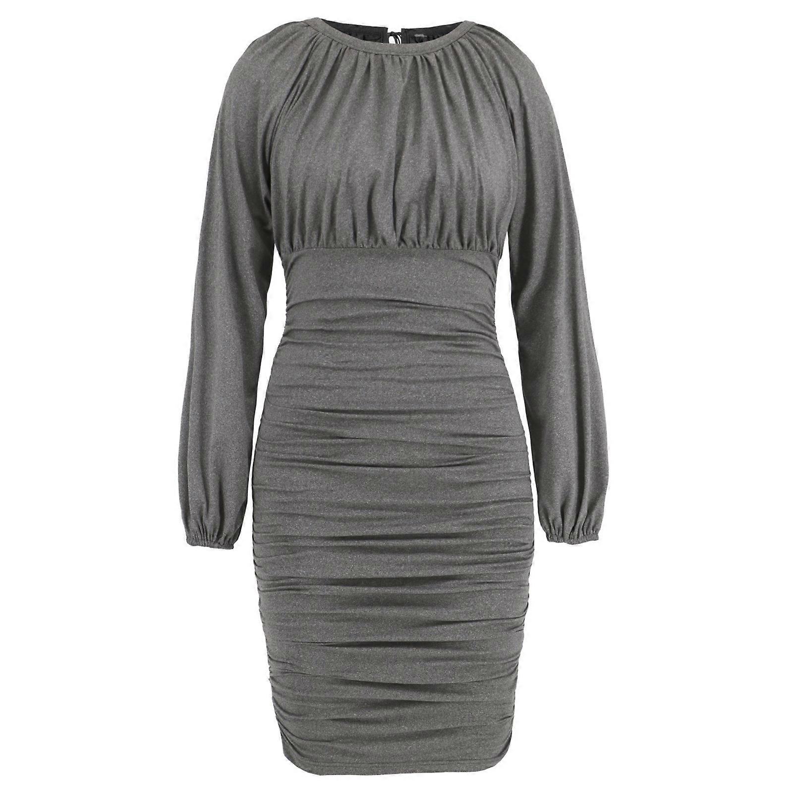 Modern Pleated Slim Fit Dress Women Long Sleeved Midi Dress Elegant Solid  Color Skirt Back Lace Up Party Cocktail Dress Gray L | Fruugo UK