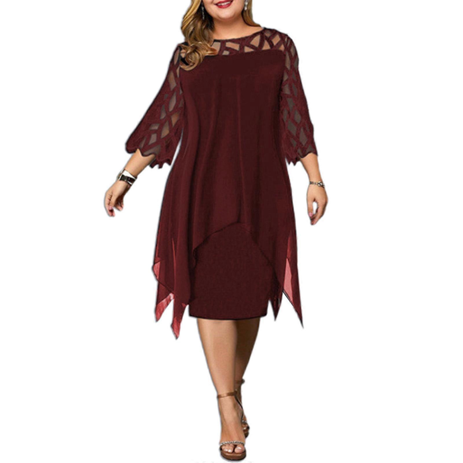 Elegancka zwiewna sukienka plus size Hollow Out Kobieta z długim rękawem Nieregularny dół Party Codzienna codzienna sukienka midi dla żony Matka Burgund XL