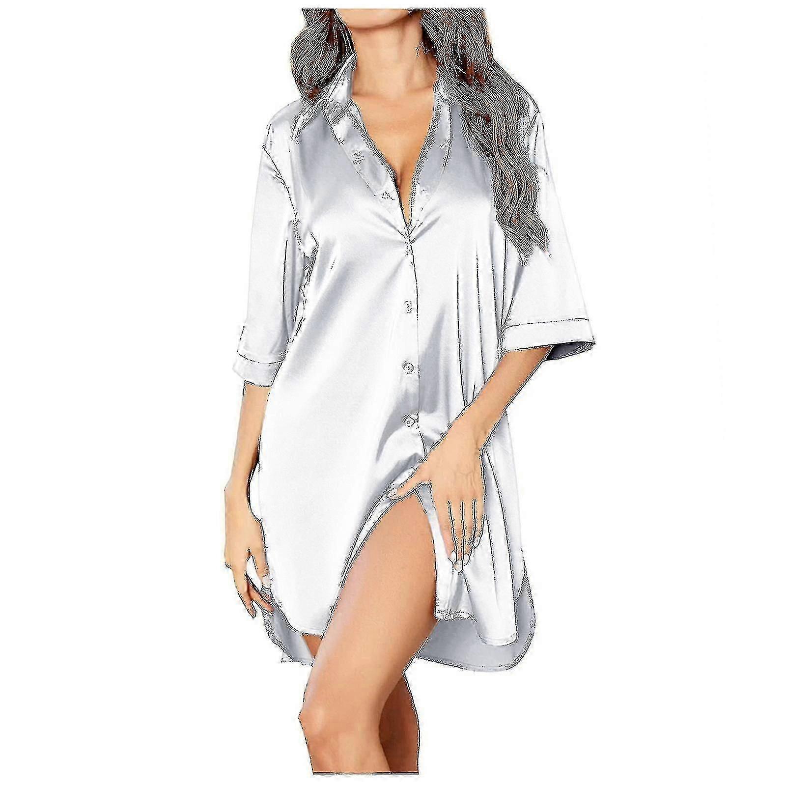 المرأة الساتان قميص النوم زر أسفل 3/4 كم ثوب النوم صديقها الشق طوق ملابس النوم