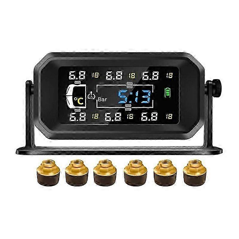 Auto Wohnmobil LKW TPMS 6 Räder Sensor Solar Reifendrucküberwachungssystem Temperaturuhr Luftdruckanzeige Alarm B