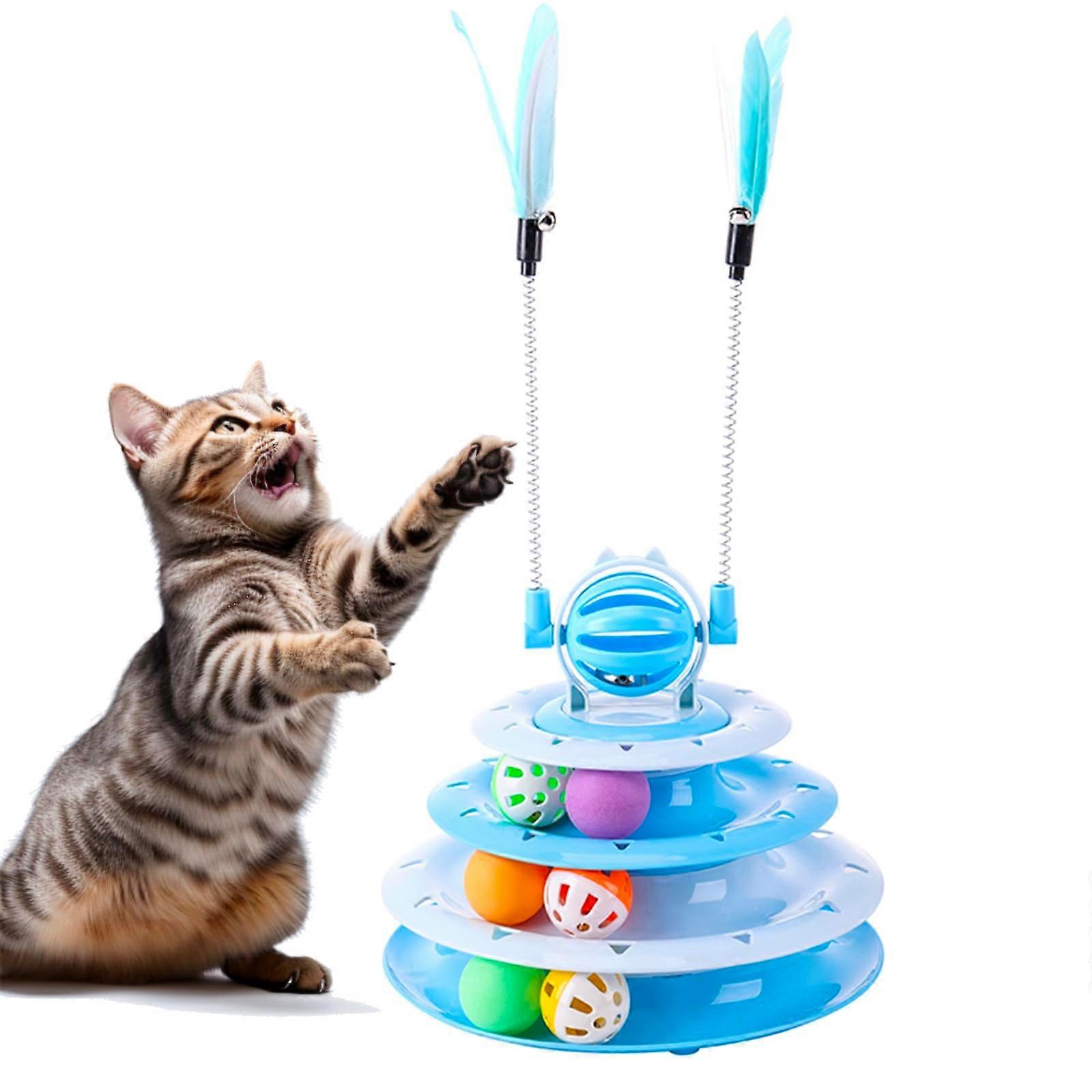 Kitten Toys Interactive Cat Puzzle Toys For Indoor Cats Cat Tower With 2 Kitty Teasers And Ball Track Blue