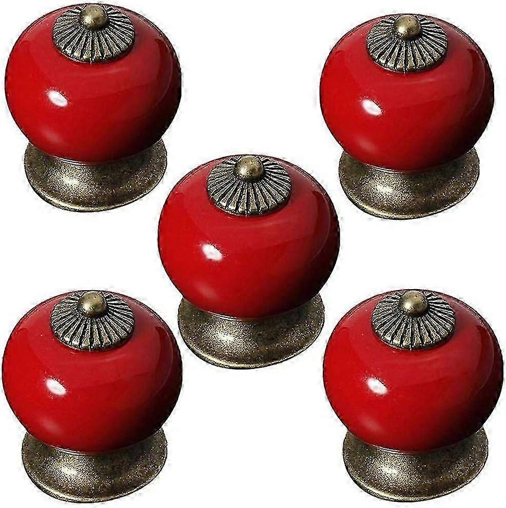مقبض سيراميك دائري لباب خزانة الملابس ، درج ، خزانة ، خزانة ، طراز ريفي 5 قطع (أحمر)