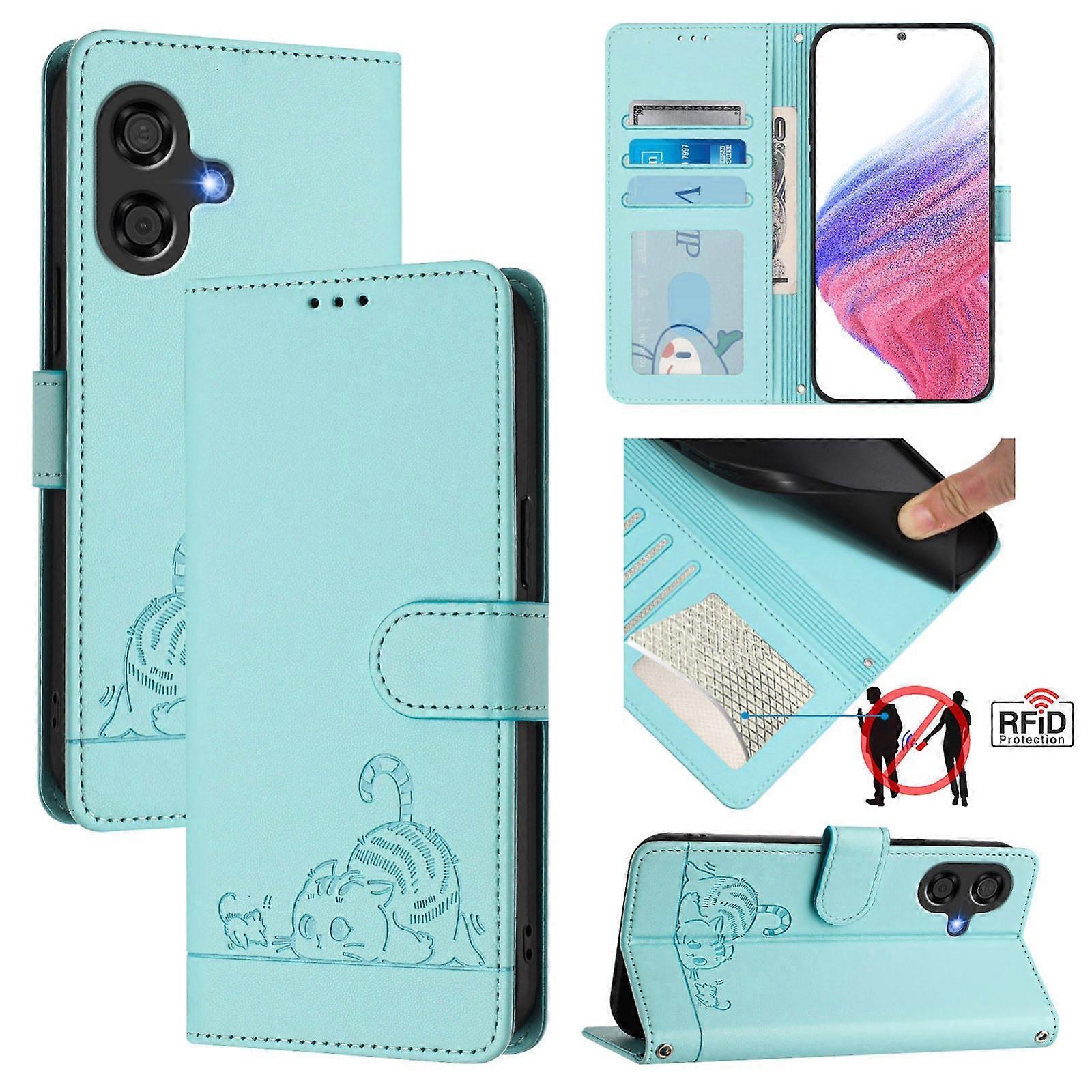 Cat Rat Embossed Pattern RFID Leather Phone Case with Lanyard