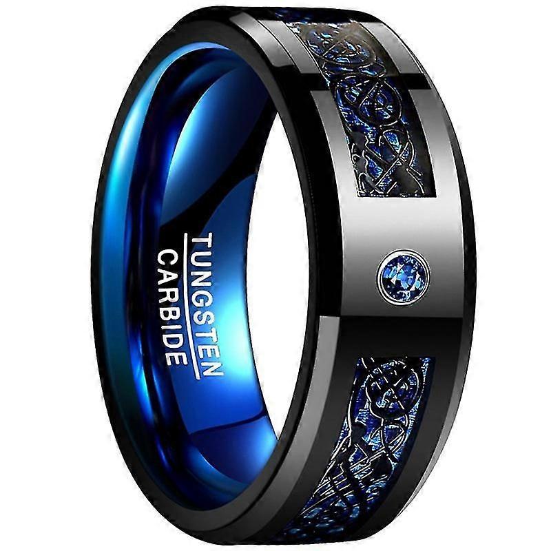 8mm Black Tungsten Carbide Ring Abalone Shell And Blue Cubic Zirconia Inlay Ring Wedding Band Beveled Edge Comfort Fit