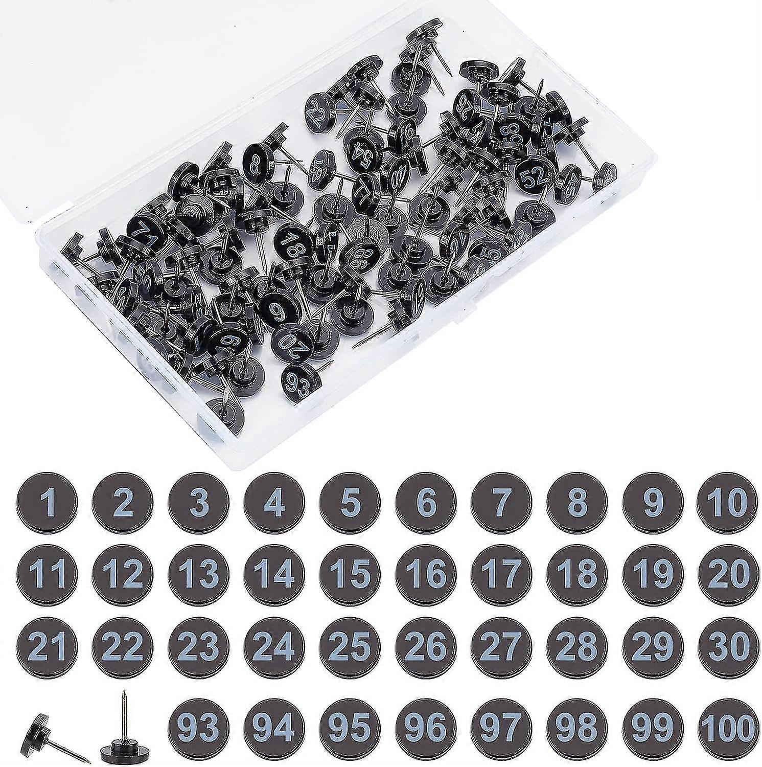 100 Pcs Numbered Push Pins, Black Base Map Number Push Pins with Numbers 1-100 Drawing Push Pins Plastic Push Pins for Maps Photo Presentation Poster