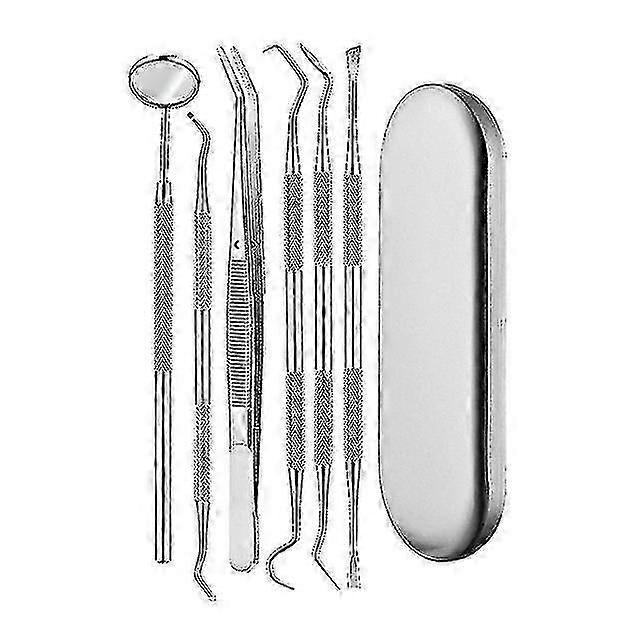 6 件牙镜套件，带镰刀洁牙器、牙石去除剂和抹刀 - 银色牙医工具套装