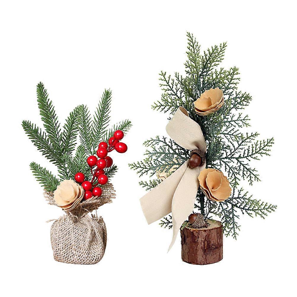 Tree Decorations Mini Artificial Christmas Tree Table Home Office Party Red Berry and Pines 25 Cm Festive Atmosphere 2Pcs