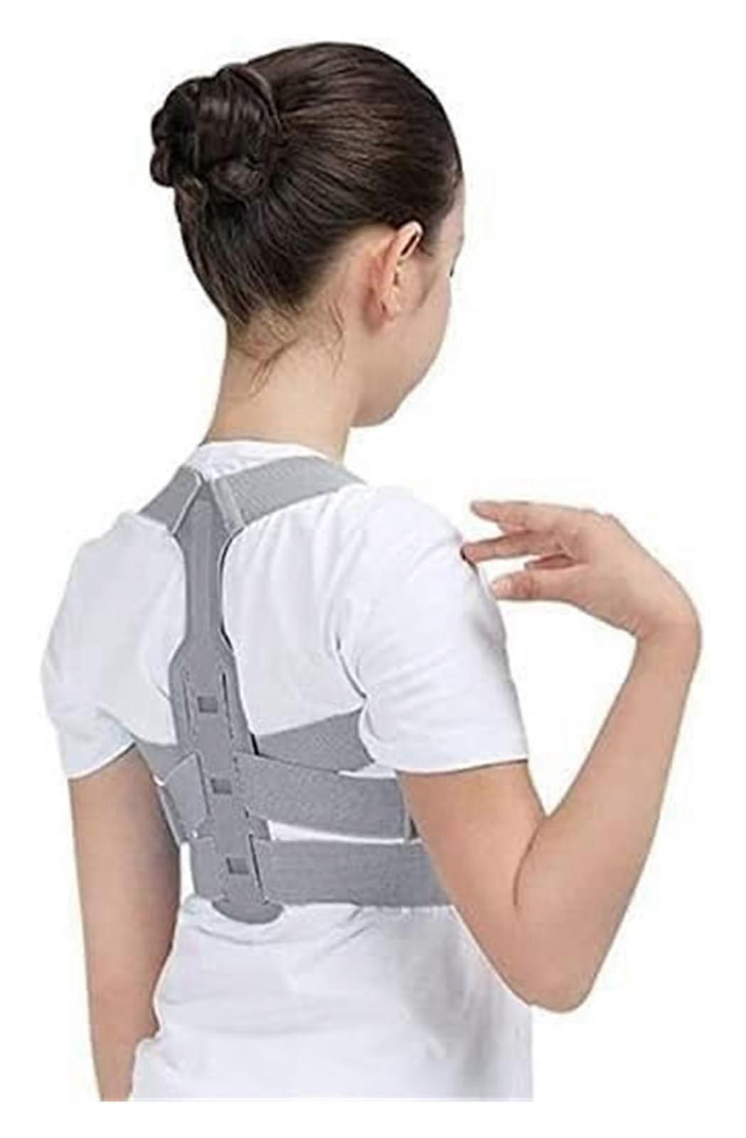 Back Straightener Shoulder Strap Posture Corrector Adjustable Lumbar Support Brace Belt in Grey, Size Medium